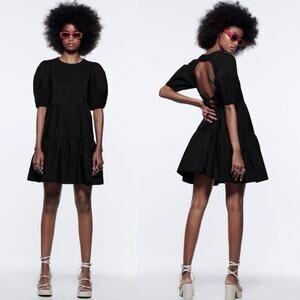Zara Black Puff Sleeve Tiered Mini Poplin Open Back Tie Waist A-Line Dress Sz XS